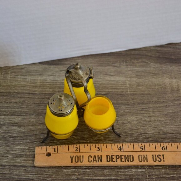 Vtg Yellow Glass Condiment Set in Metal Stand - Picture 6 of 11